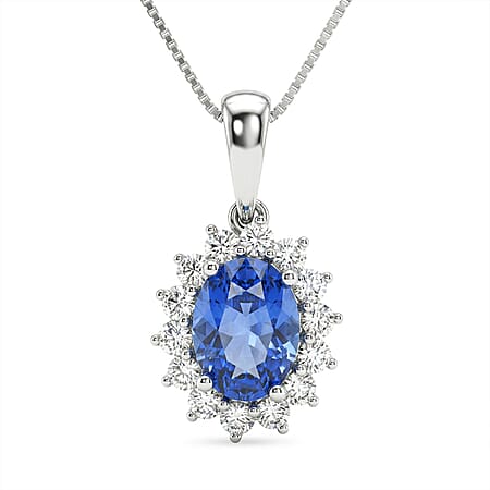 AAA Tanzanite & Lab Grown Diamond (SI-GH) Halo Pendant with Chain (Size 20) in Rhodium Overlay Sterling Silver 1.30 Ct.
