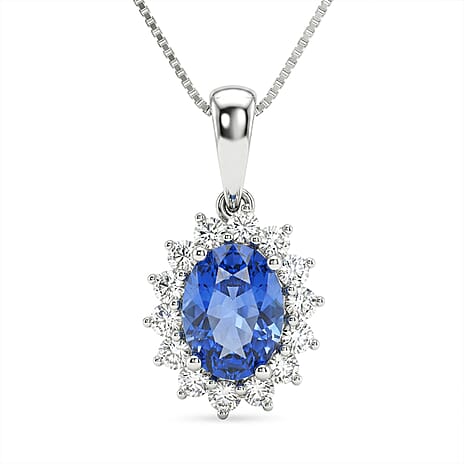 AAA Tanzanite & Lab Grown Diamond (SI-GH) Halo Pendant with Chain (Size 20) in Rhodium Overlay Sterling Silver 1.30 Ct.