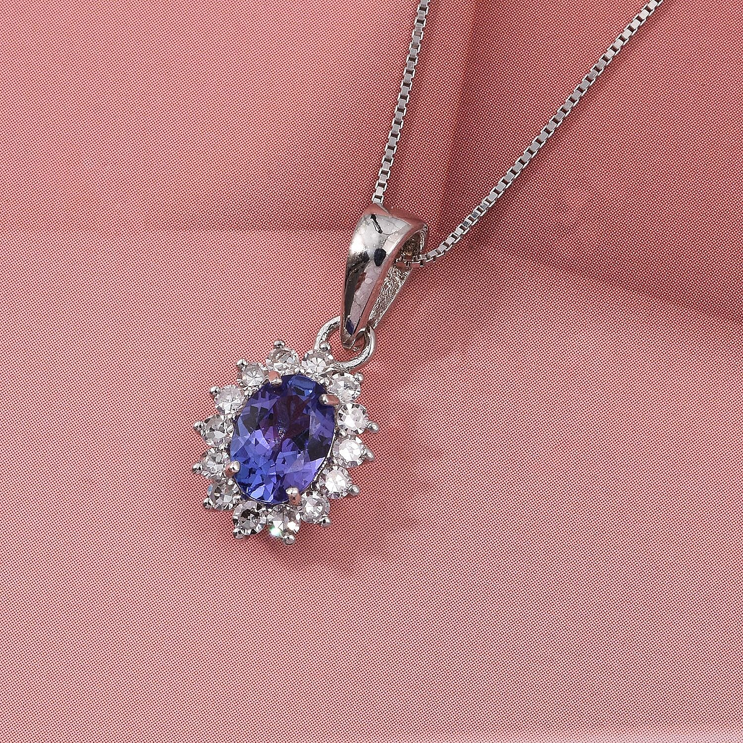AAA Tanzanite & Lab Grown Diamond (SI-GH) Halo Pendant with Chain (Size 20) in Rhodium Overlay Sterling Silver 1.30 Ct.