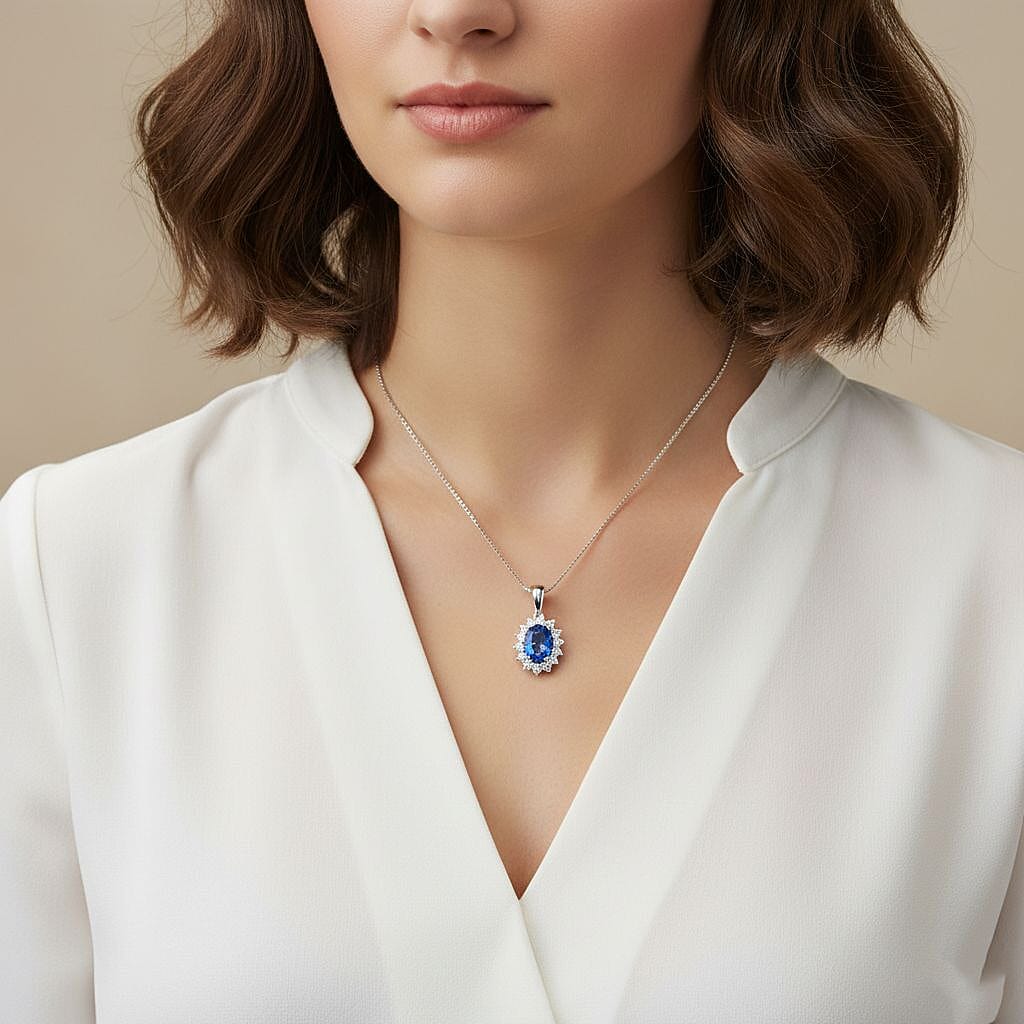 AAA Tanzanite & Lab Grown Diamond (SI-GH) Halo Pendant with Chain (Size 20) in Rhodium Overlay Sterling Silver 1.30 Ct.