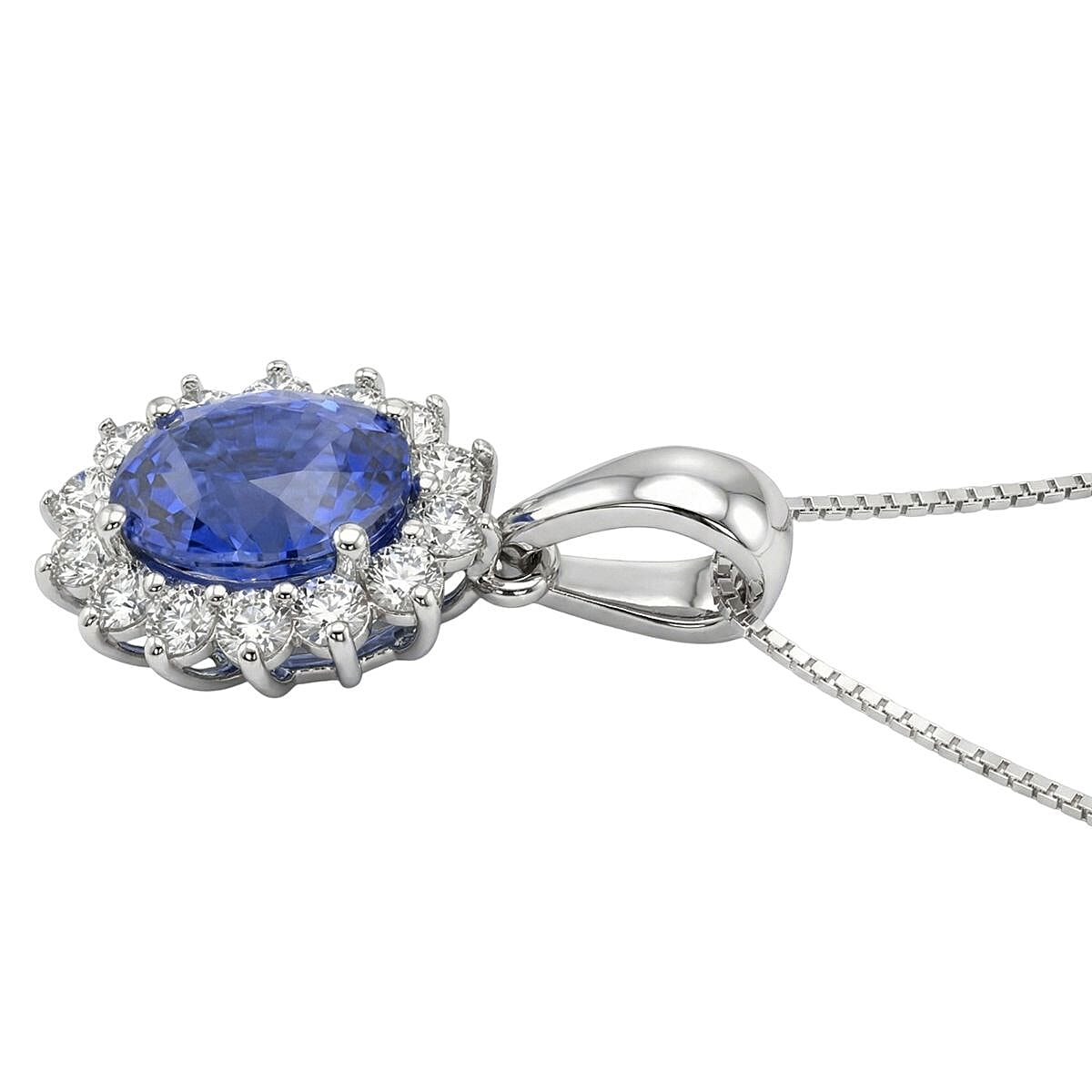 AAA Tanzanite & Lab Grown Diamond (SI-GH) Halo Pendant with Chain (Size 20) in Rhodium Overlay Sterling Silver 1.30 Ct.