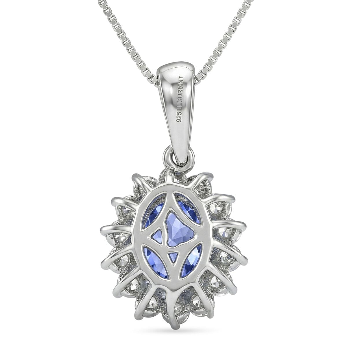 AAA Tanzanite & Lab Grown Diamond (SI-GH) Halo Pendant with Chain (Size 20) in Rhodium Overlay Sterling Silver 1.30 Ct.