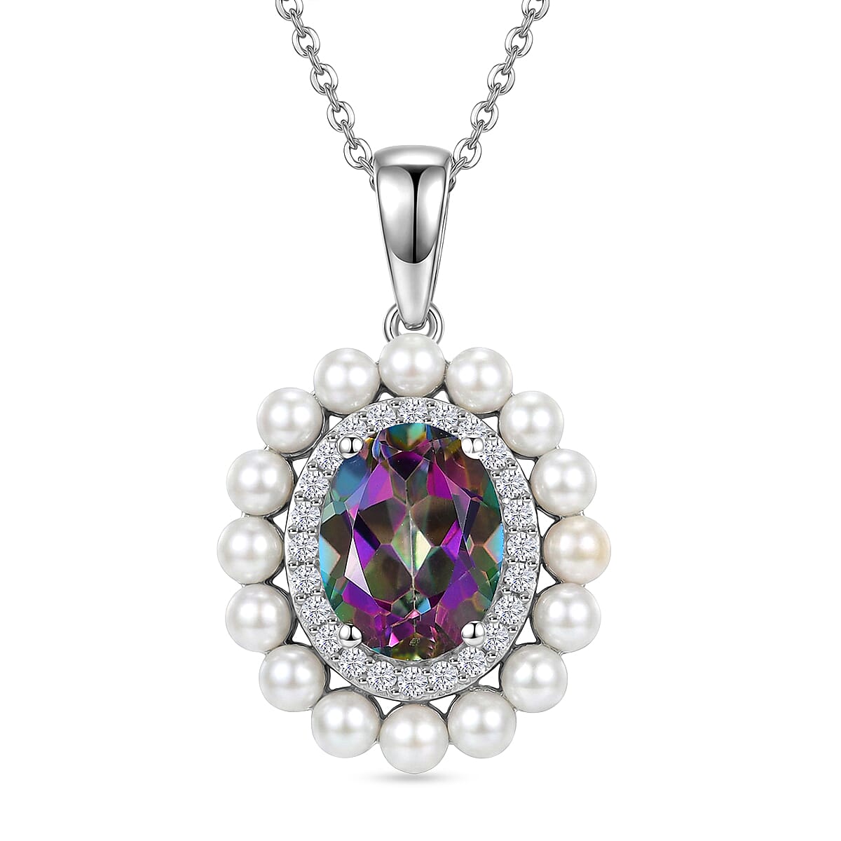 D'Joy Mystic Topaz, Fresh Water Pearl & White Zircon Halo Pendant with Chain (Size 20) in Rhodium Overlay Sterling Silver 4.00 Ct.