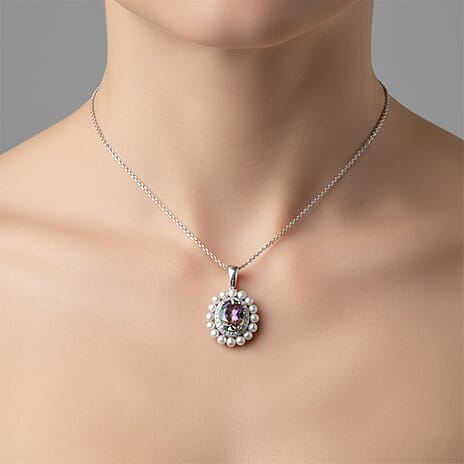 D'Joy Mystic Topaz, Fresh Water Pearl & White Zircon Halo Pendant with Chain (Size 20) in Rhodium Overlay Sterling Silver 4.00 Ct.
