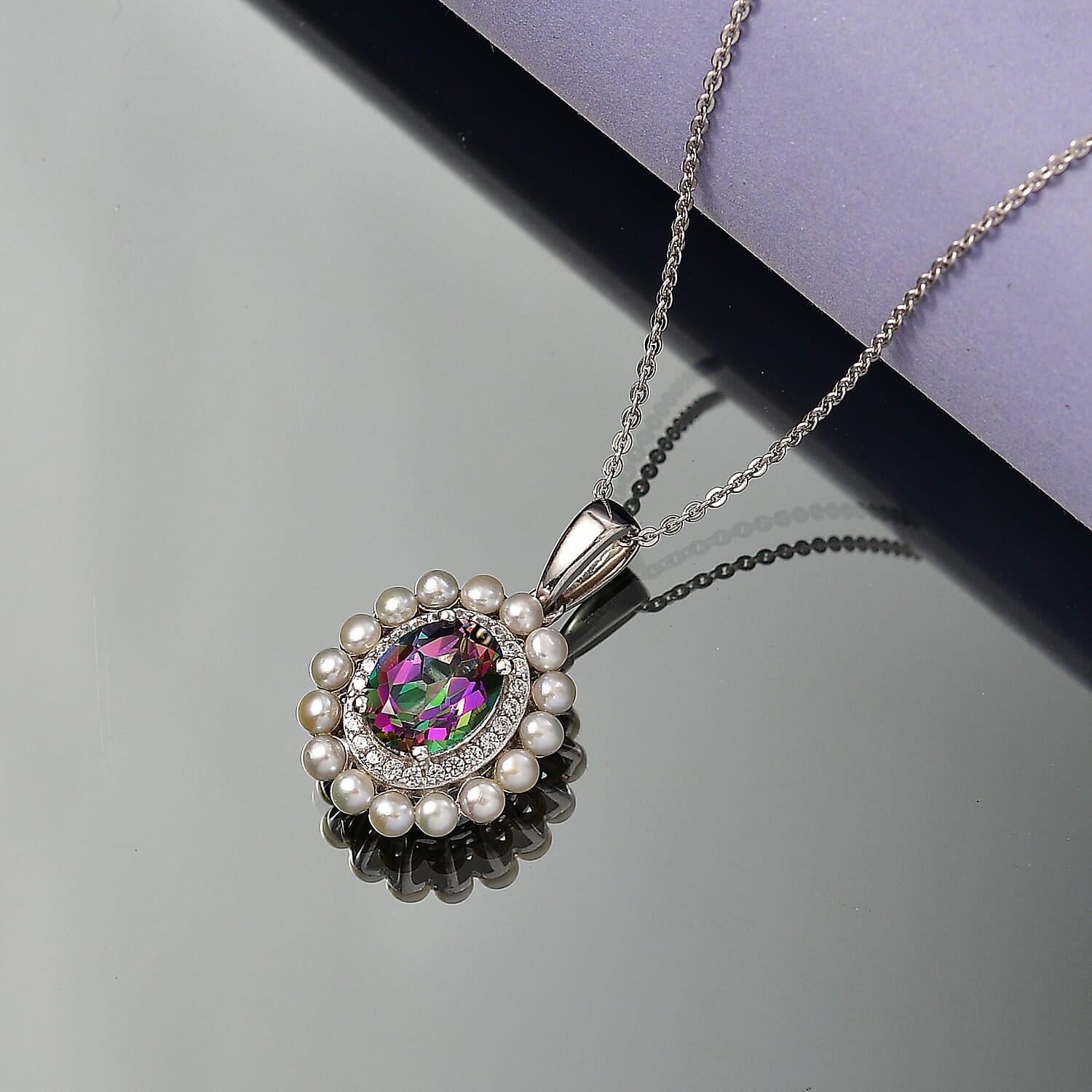 D'Joy Mystic Topaz, Fresh Water Pearl & White Zircon Halo Pendant with Chain (Size 20) in Rhodium Overlay Sterling Silver 4.00 Ct.