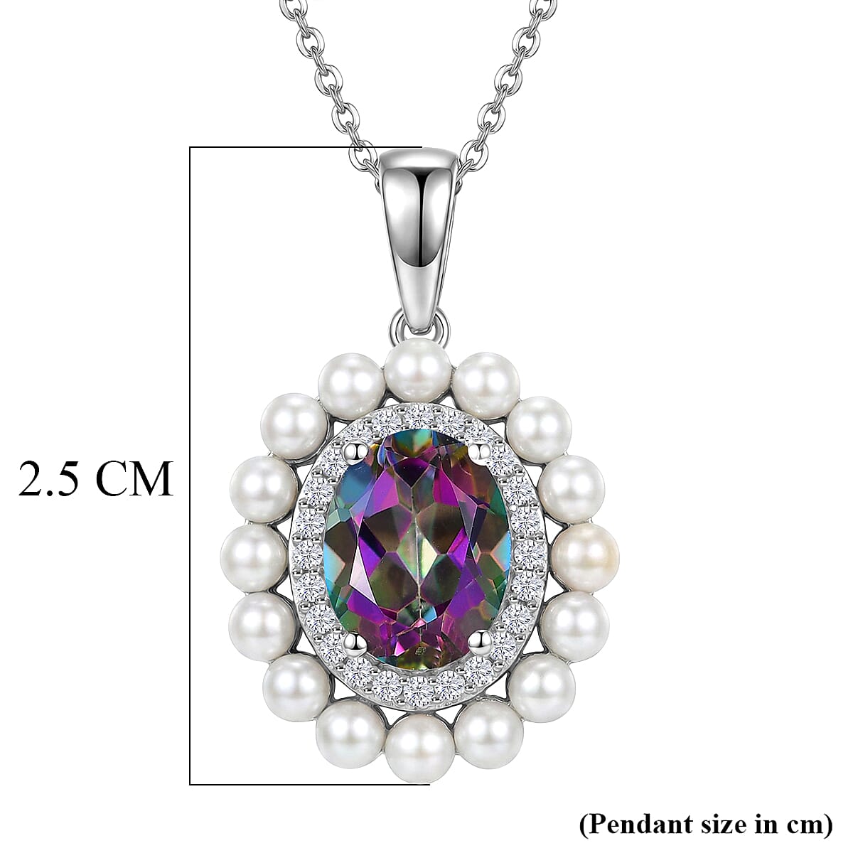 D'Joy Mystic Topaz, Fresh Water Pearl & White Zircon Halo Pendant with Chain (Size 20) in Rhodium Overlay Sterling Silver 4.00 Ct.
