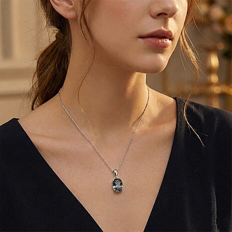 D'Joy Mystic Topaz Solitaire Pendant with Chain (Size 20) in Rhodium Overlay Sterling Silver 7.00 Ct.