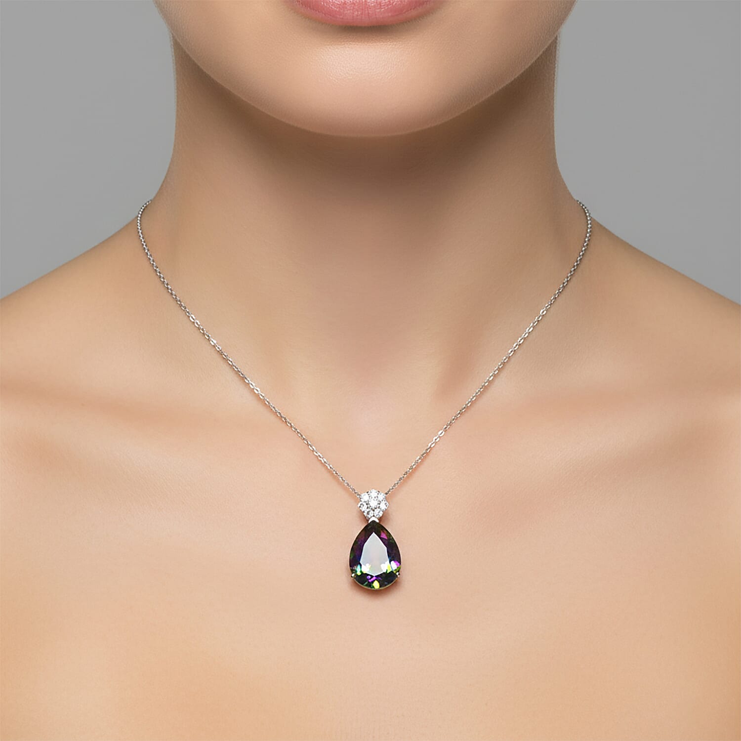 D'Joy Mystic Topaz & White Zircon Pear Cut Solitaire Pendant with Chain (Size 20) in Rhodium Overlay Sterling Silver 7.90 Ct.