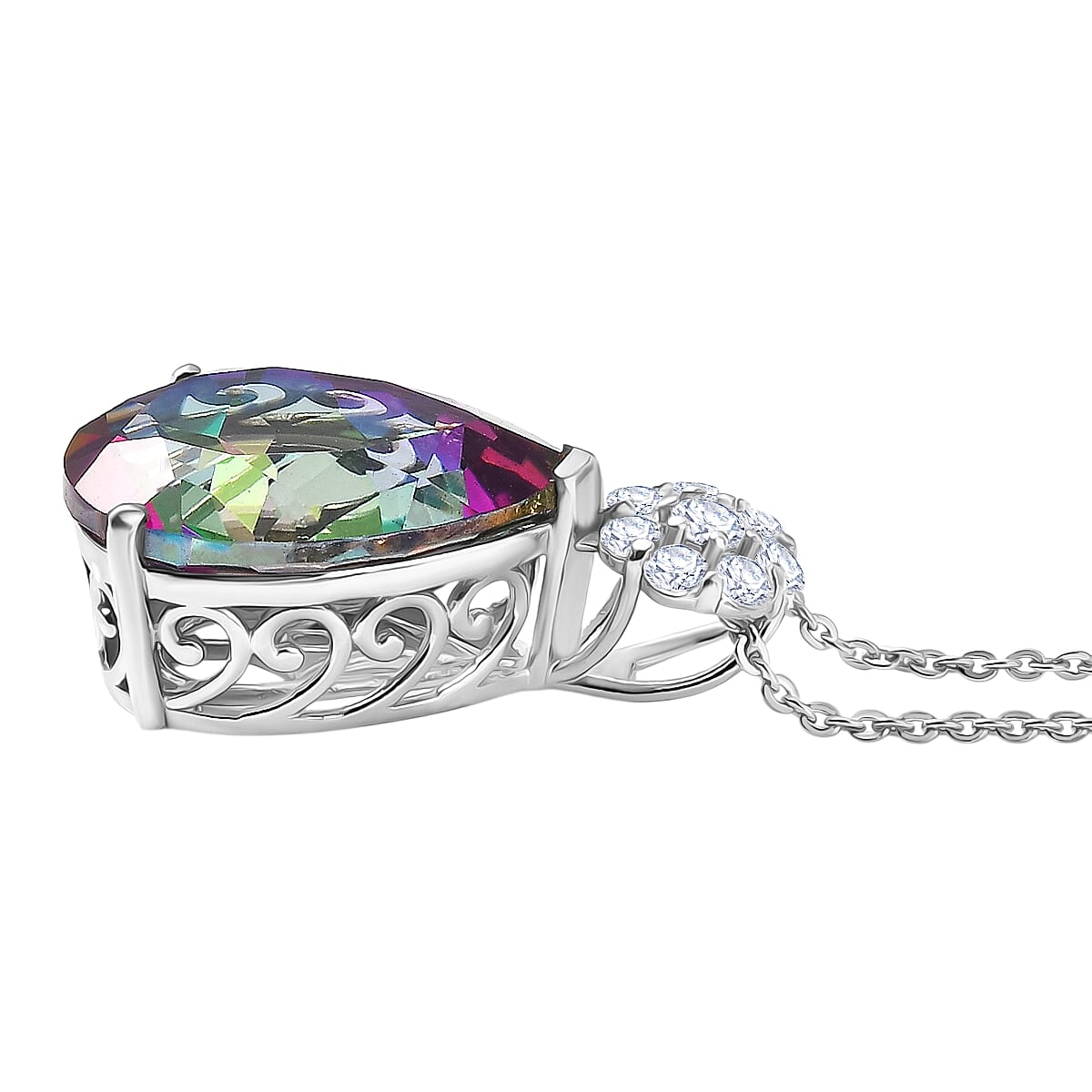D'Joy Mystic Topaz & White Zircon Pear Cut Solitaire Pendant with Chain (Size 20) in Rhodium Overlay Sterling Silver 7.90 Ct.