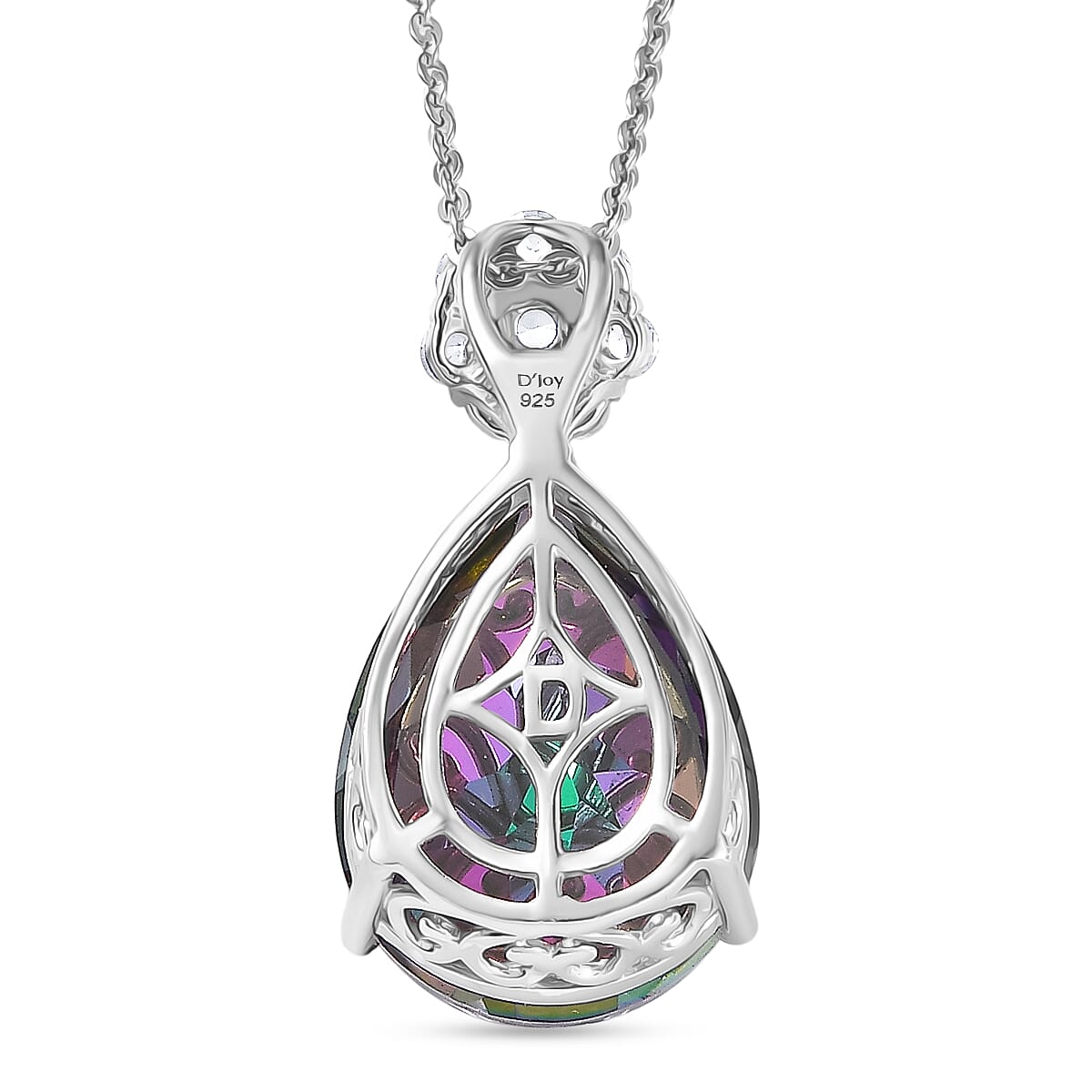 D'Joy Mystic Topaz & White Zircon Pear Cut Solitaire Pendant with Chain (Size 20) in Rhodium Overlay Sterling Silver 7.90 Ct.