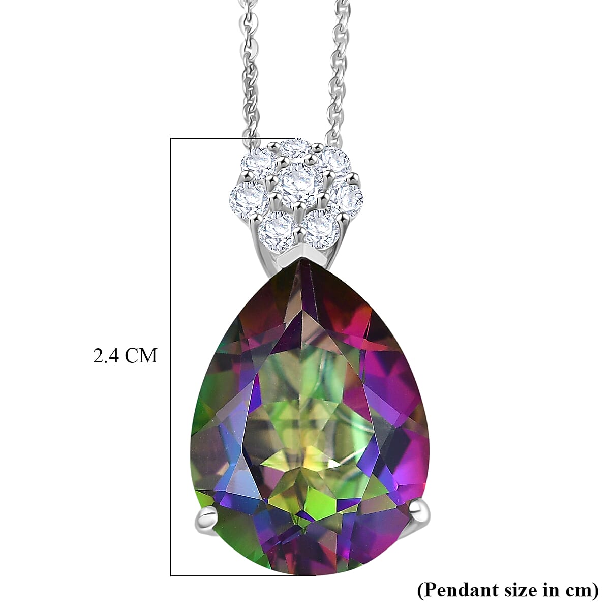 D'Joy Mystic Topaz & White Zircon Pear Cut Solitaire Pendant with Chain (Size 20) in Rhodium Overlay Sterling Silver 7.90 Ct.