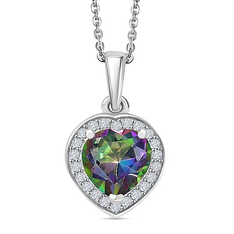 D'Joy Mystic Topaz & White Zircon Halo Heart Pendant with Chain (Size 20) in Rhodium Overlay Sterling Silver 2.46 Ct.