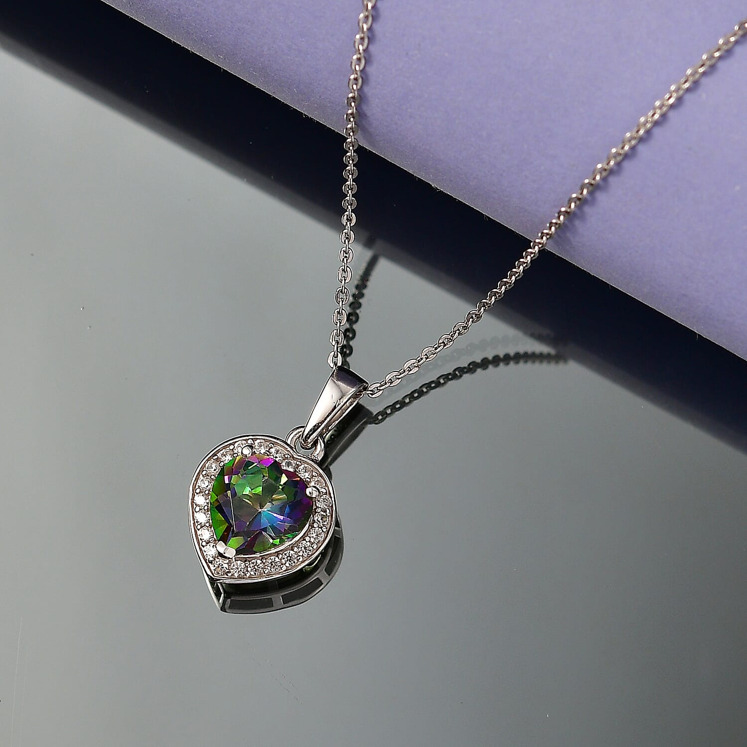 D'Joy Mystic Topaz & White Zircon Halo Heart Pendant with Chain (Size 20) in Rhodium Overlay Sterling Silver 2.46 Ct.