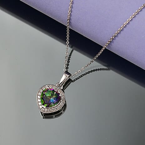 D'Joy Mystic Topaz & White Zircon Halo Heart Pendant with Chain (Size 20) in Rhodium Overlay Sterling Silver 2.46 Ct.