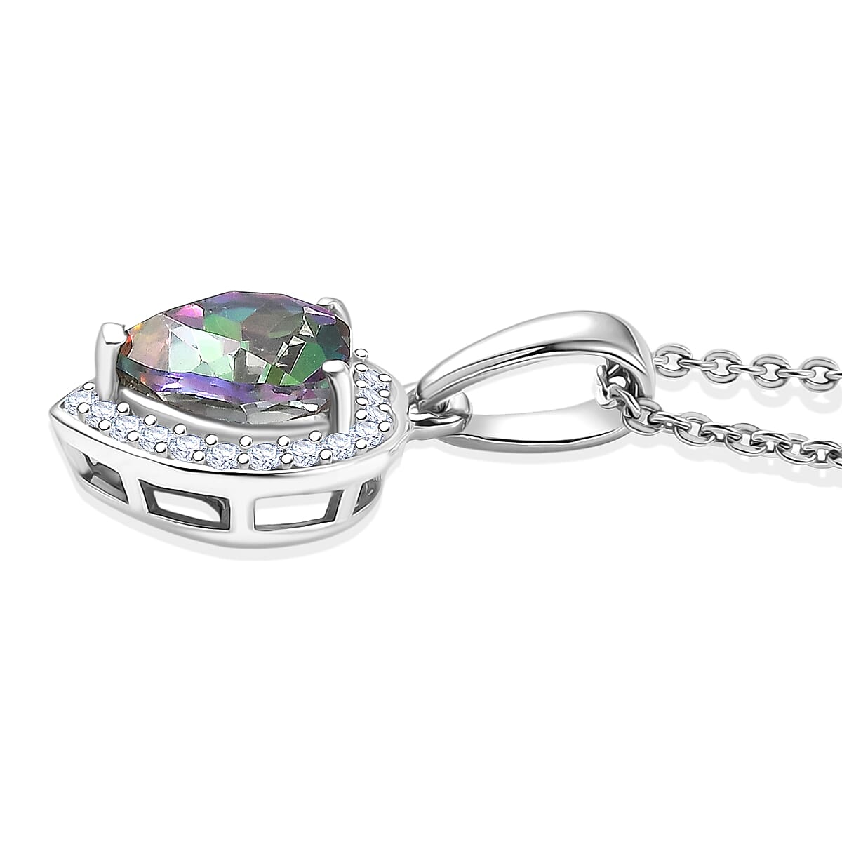 D'Joy Mystic Topaz & White Zircon Halo Heart Pendant with Chain (Size 20) in Rhodium Overlay Sterling Silver 2.46 Ct.