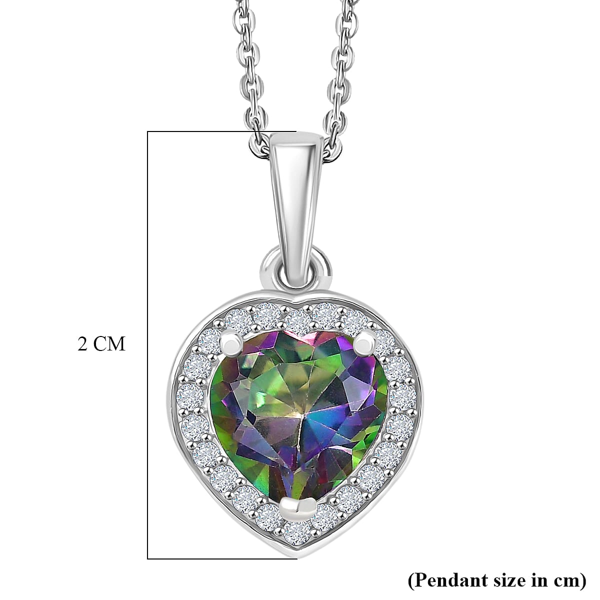 D'Joy Mystic Topaz & White Zircon Halo Heart Pendant with Chain (Size 20) in Rhodium Overlay Sterling Silver 2.46 Ct.
