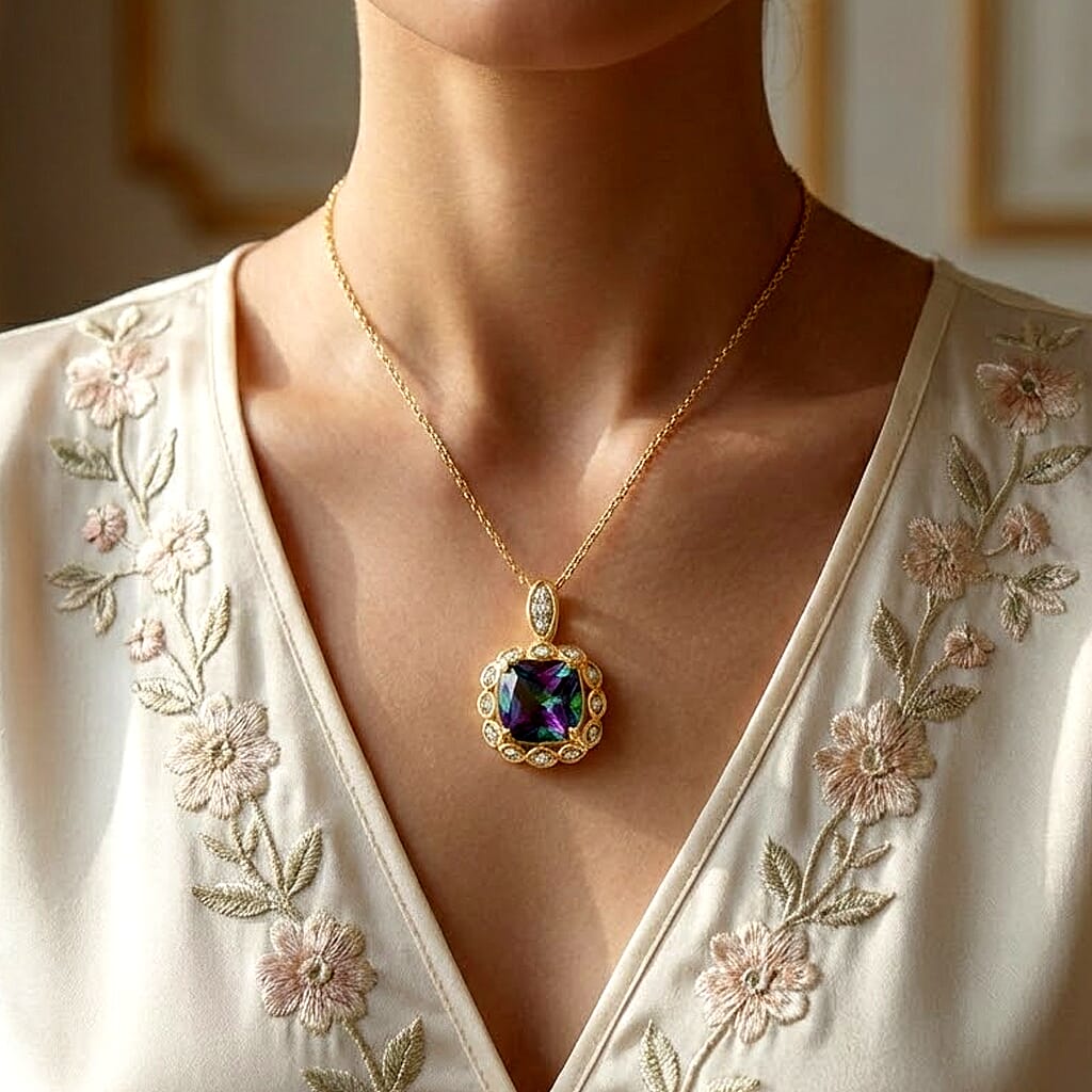 D'Joy Mystic Topaz & White Zircon Pendant with Chain (Size 20) in Yellow Gold Plated Sterling Silver 2.88 Ct.
