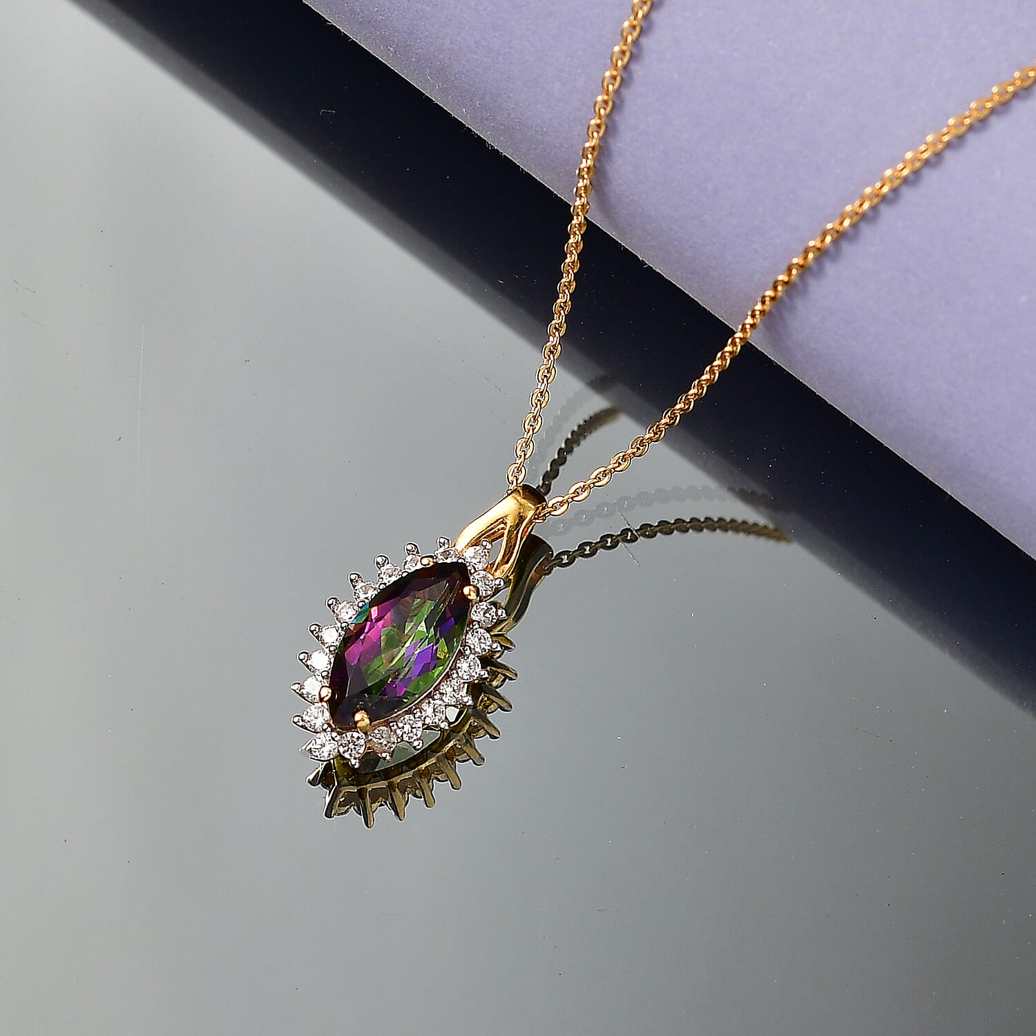 D'Joy Mystic Topaz & White Zircon Pendant with Chain (Size 20) in Yellow Gold Plated Sterling Silver 2.45 Ct.