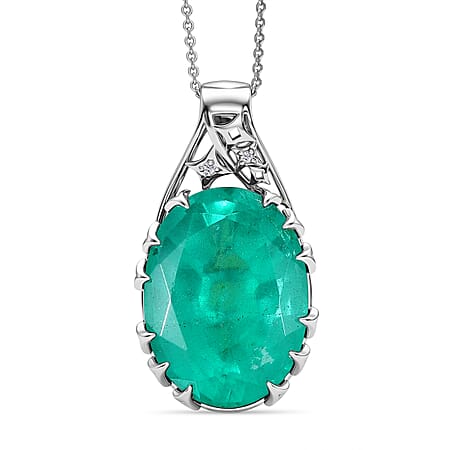 D'Joy Emeraldine Triplet Quartz & White Zircon Drop Pendant with Chain (Size 20) in Rhodium Overlay Sterling Silver 19.85 Ct, Silver Wt. 5.90 Gms D'Joy Emeraldine Triplet Quartz & White Zircon Drop Pendant with Chain (Size 20) in Rhodium Overlay Sterling Silver 19.85 Ct, Silver Wt. 5.90 Gms