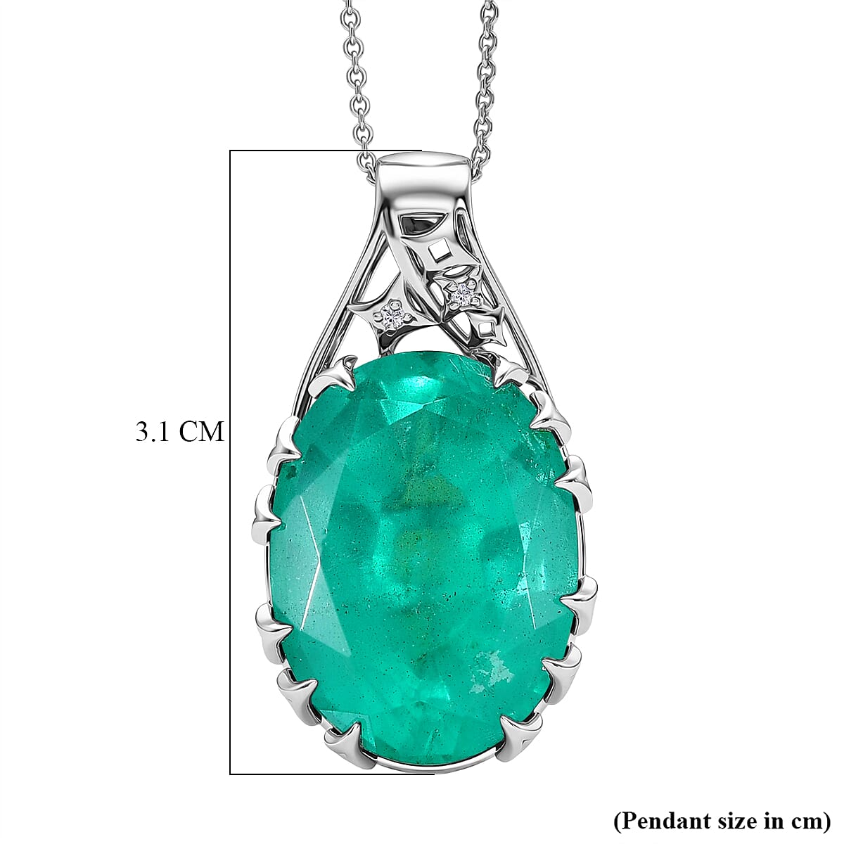 D'Joy Emeraldine Triplet Quartz & White Zircon Drop Pendant with Chain (Size 20) in Rhodium Overlay Sterling Silver 19.85 Ct, Silver Wt. 5.90 Gms