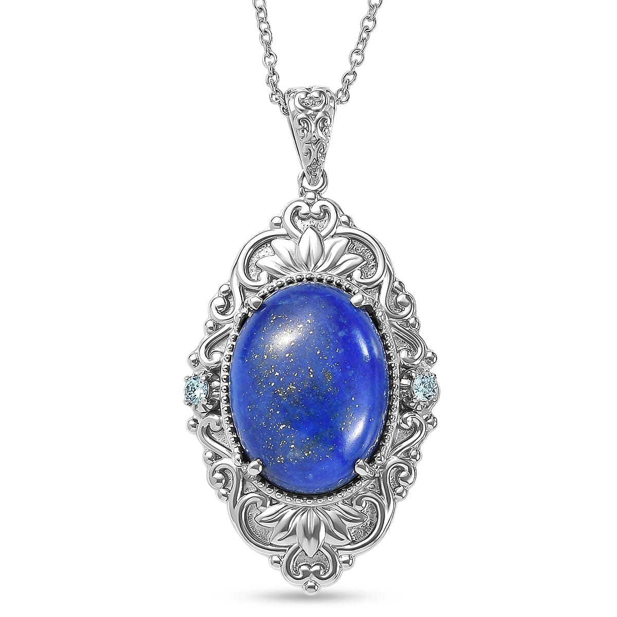 Lapis Lazuli,  Blue Cubic Zirconia Pendant with Chain (Size 20) Stainless Steel  0.20ct  20.200  Ct.