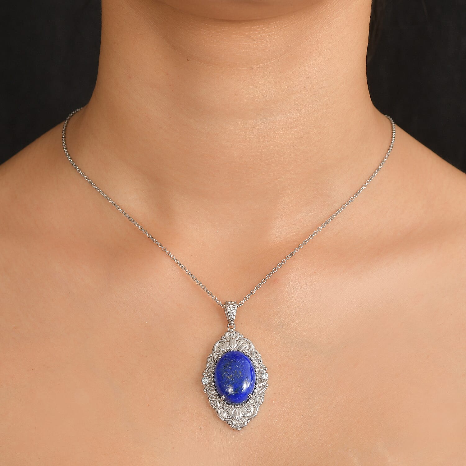 Lapis Lazuli,  Blue Cubic Zirconia Pendant with Chain (Size 20) Stainless Steel  0.20ct  20.200  Ct.