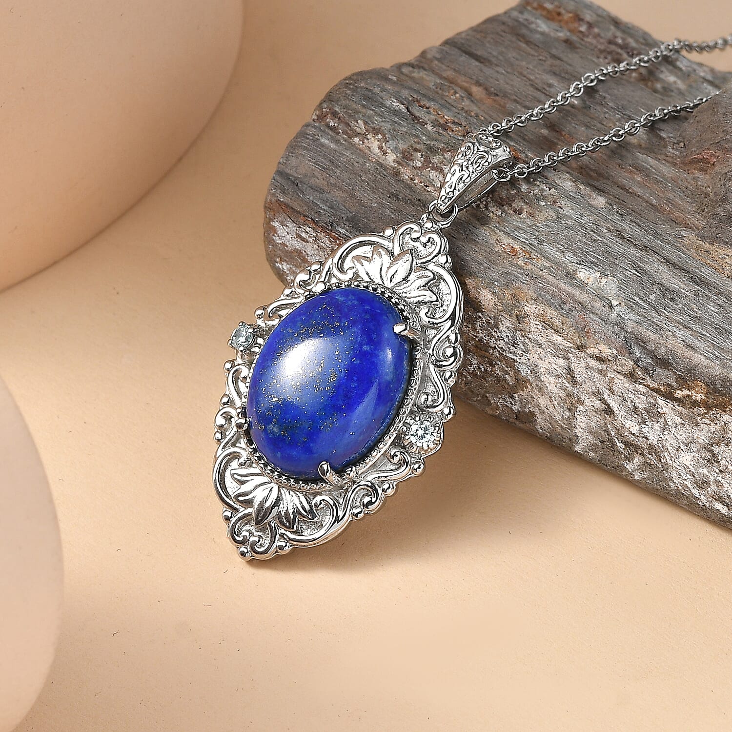 Lapis Lazuli,  Blue Cubic Zirconia Pendant with Chain (Size 20) Stainless Steel  0.20ct  20.200  Ct.