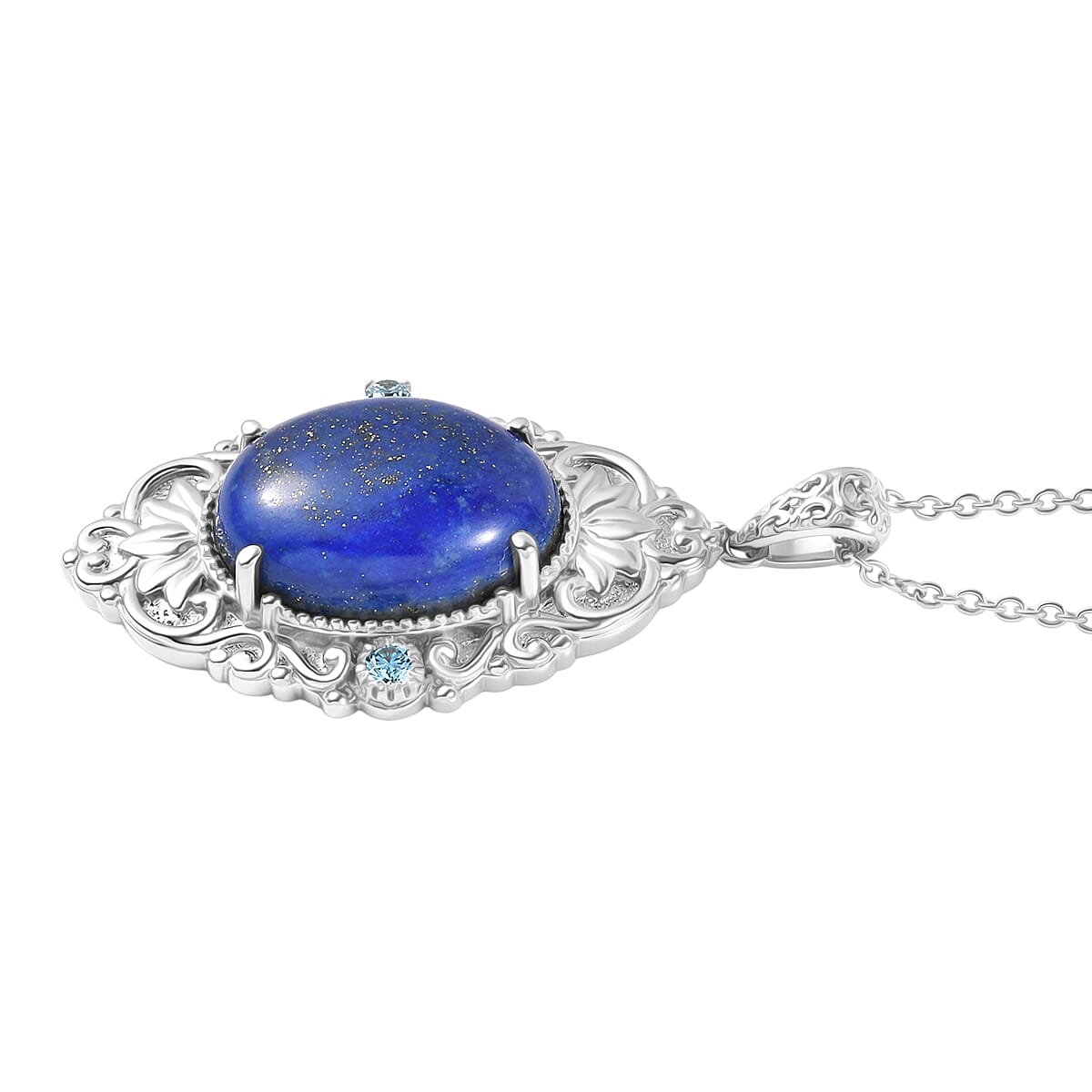 Lapis Lazuli,  Blue Cubic Zirconia Pendant with Chain (Size 20) Stainless Steel  0.20ct  20.200  Ct.