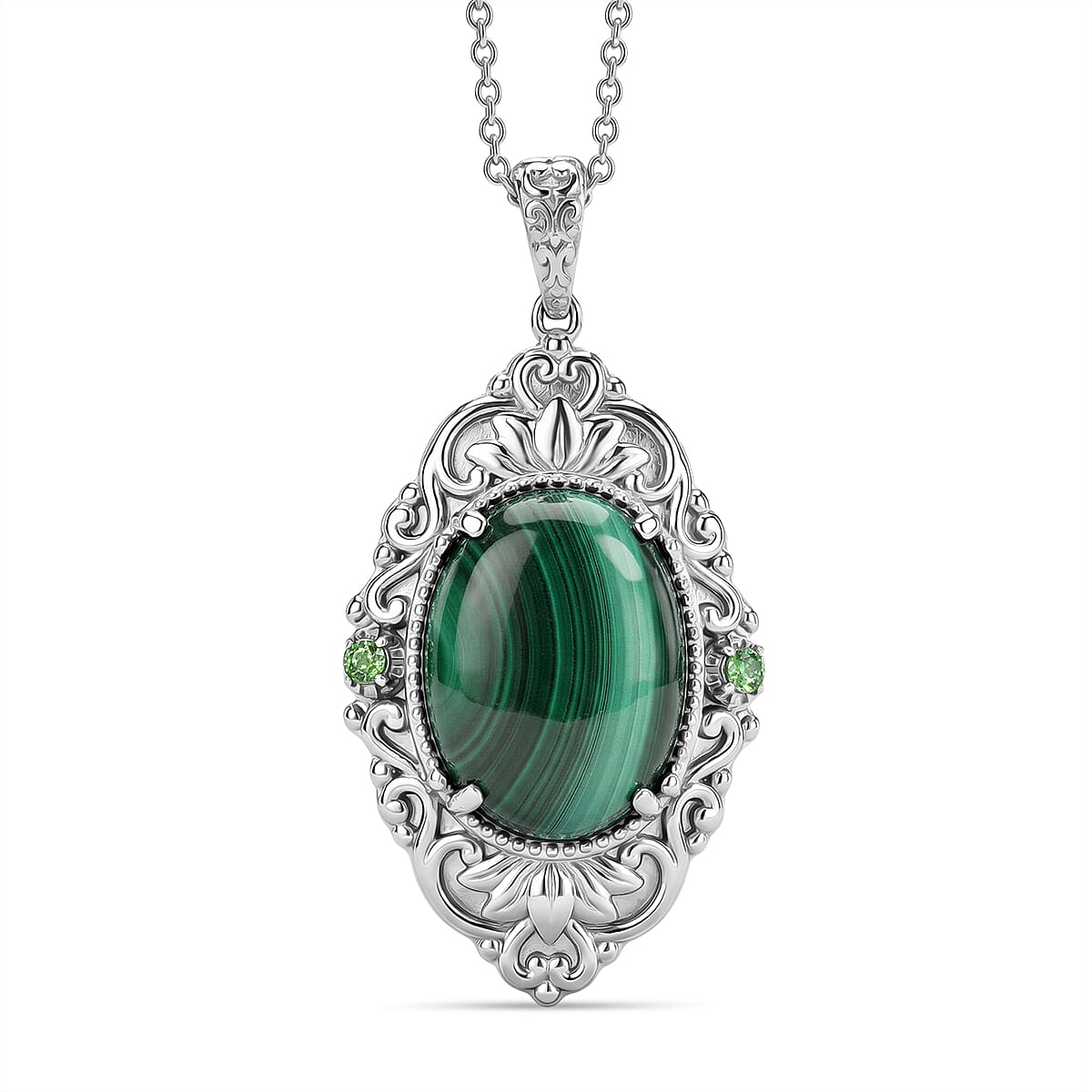EverTrue - Malachite & Green Cubic Zirconia Pendant with Chain (Size 20) 18.20 Ct.