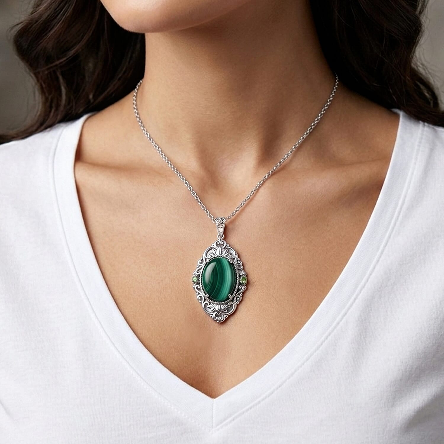 EverTrue - Malachite & Green Cubic Zirconia Pendant with Chain (Size 20) 18.20 Ct.