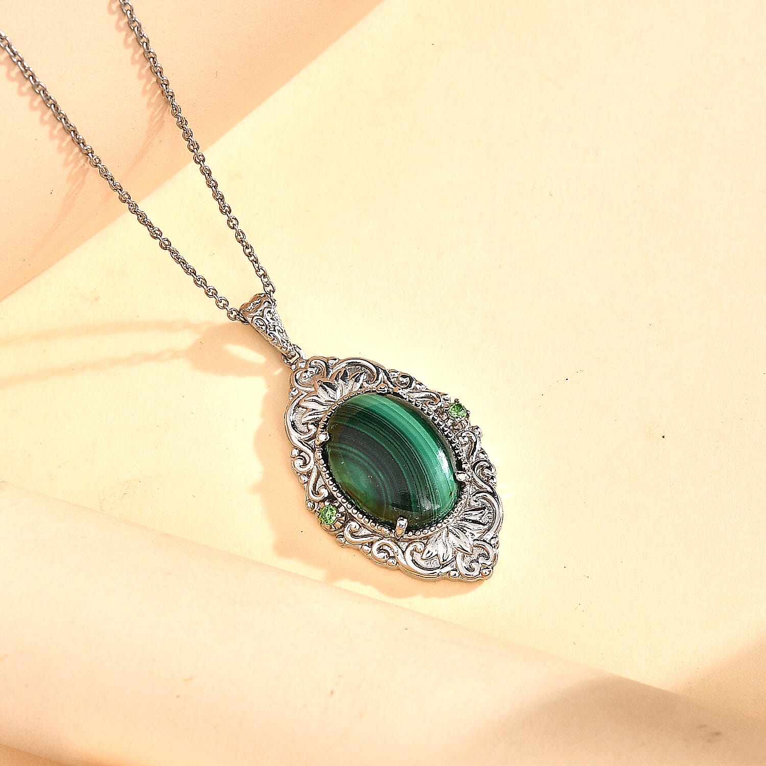 EverTrue - Malachite & Green Cubic Zirconia Pendant with Chain (Size 20) 18.20 Ct.