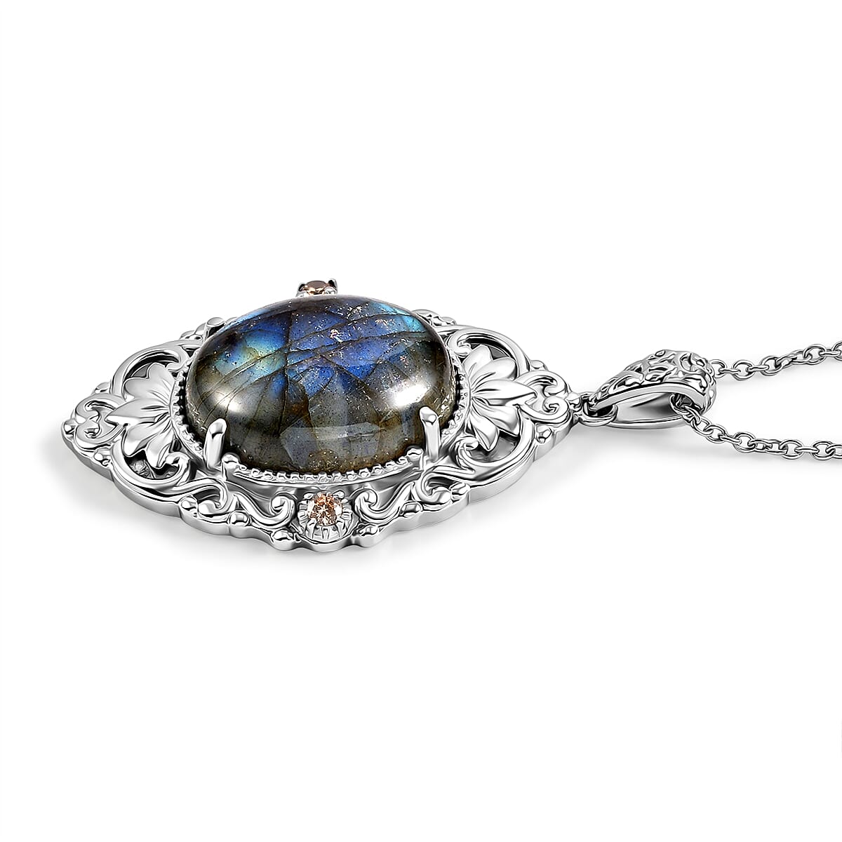 EverTrue - Labradorite & Champagne Cubic Zirconia Pendant with Chain (Size 20) 18.37 Ct.