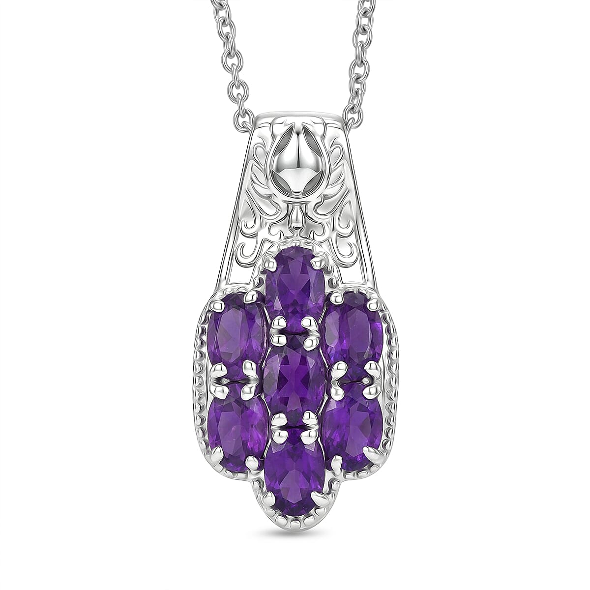 EverTrue Natural Zambian Amethyst Floral Cluster Pendant with Chain With Magnetic Clasp (Size 20) 3.00 Ct.