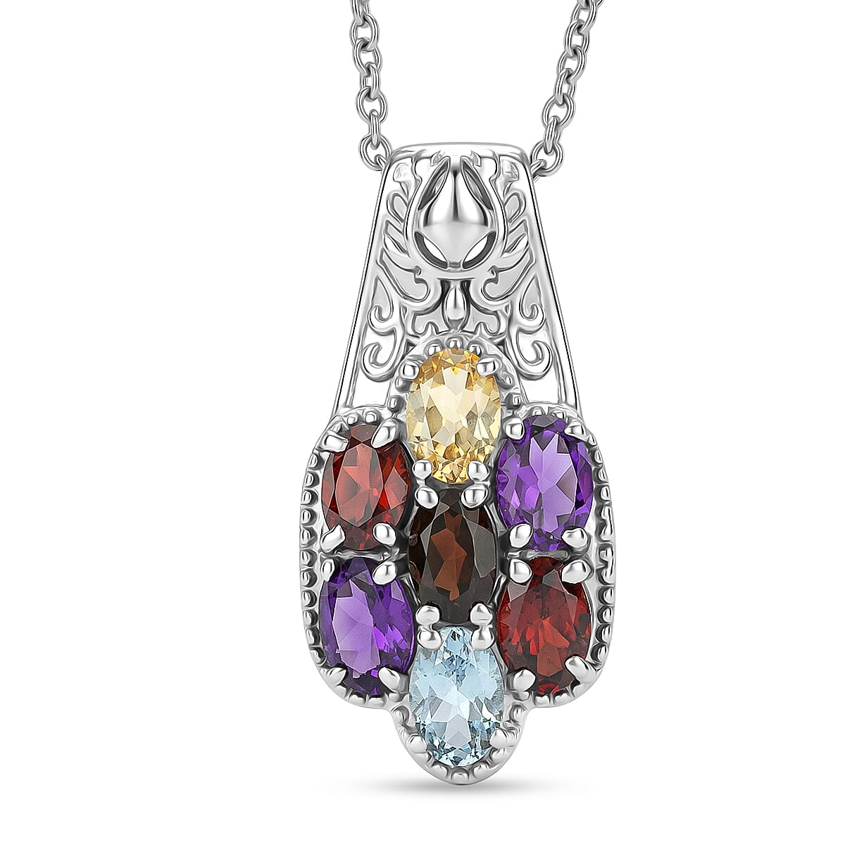EverTrue - Skyblue Topaz, Smoky Quartz, Citrine, African Amethyst & Red Garnet Cluster Pendant with Chain (Size 20) 3.22 Ct