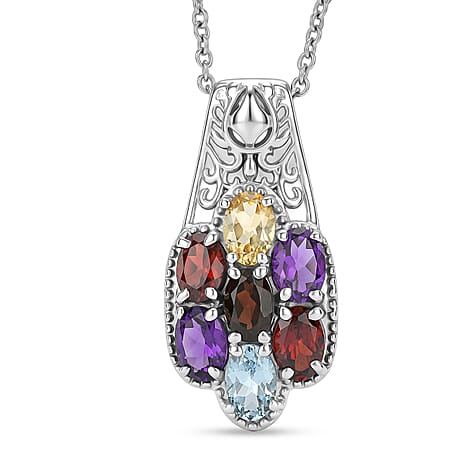 EverTrue - Skyblue Topaz, Smoky Quartz, Citrine, African Amethyst & Red Garnet Cluster Pendant with Chain (Size 20) 3.22 Ct