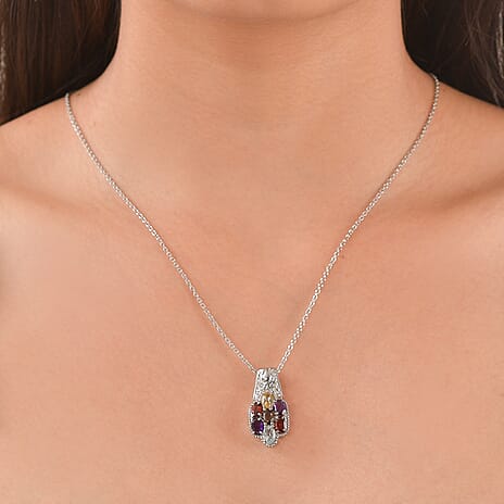 EverTrue - Skyblue Topaz, Smoky Quartz, Citrine, African Amethyst & Red Garnet Cluster Pendant with Chain (Size 20) 3.22 Ct