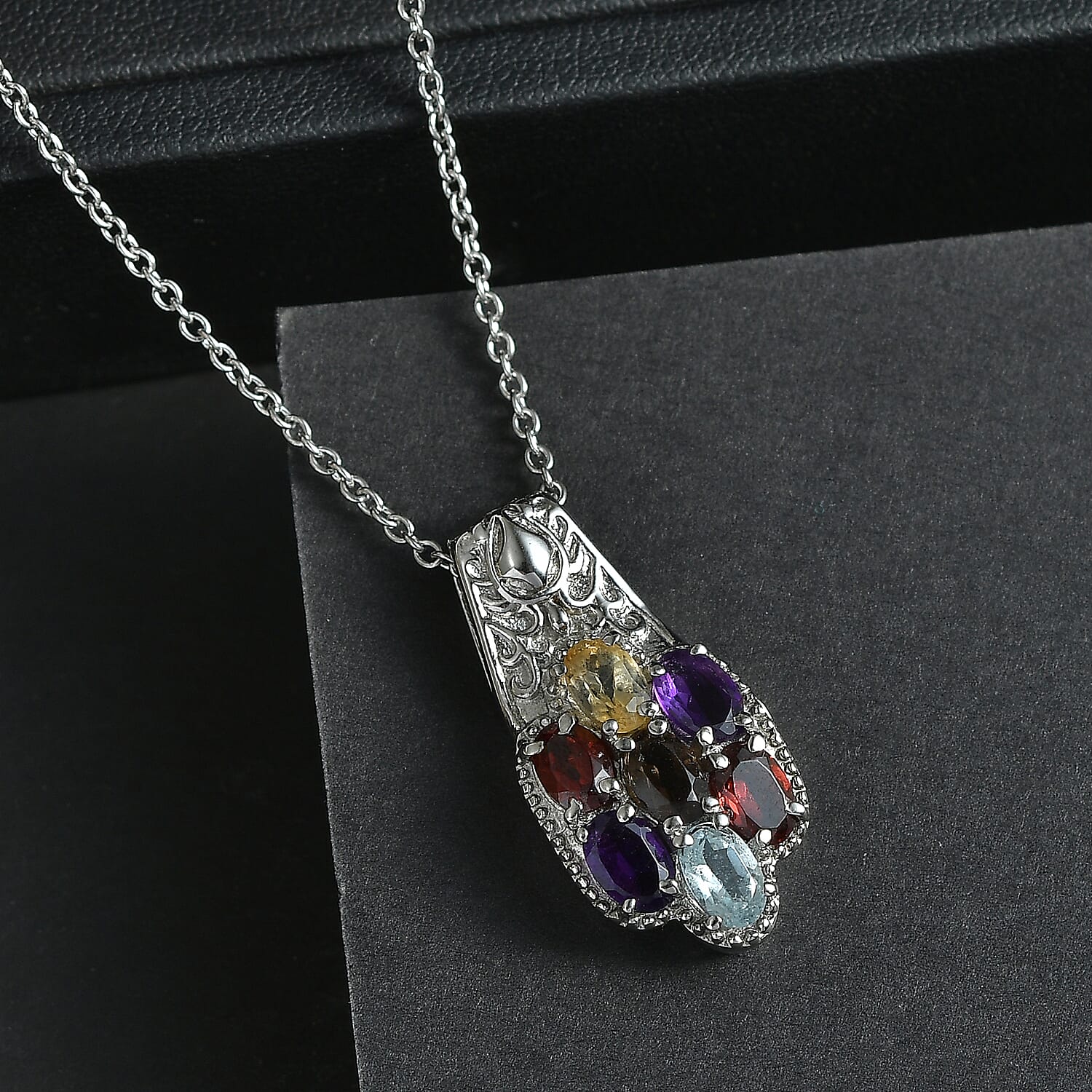 EverTrue - Skyblue Topaz, Smoky Quartz, Citrine, African Amethyst & Red Garnet Cluster Pendant with Chain (Size 20) 3.22 Ct