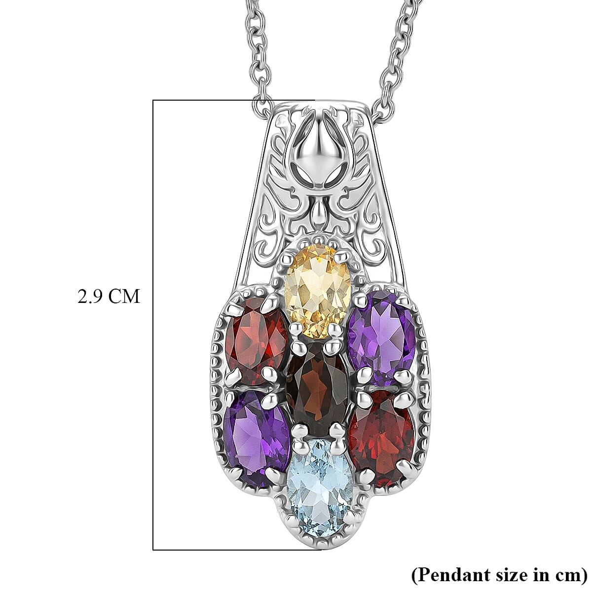 EverTrue - Skyblue Topaz, Smoky Quartz, Citrine, African Amethyst & Red Garnet Cluster Pendant with Chain (Size 20) 3.22 Ct
