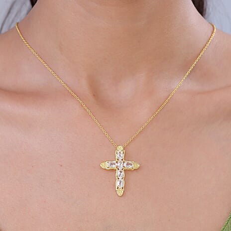 EverTrue - White Topaz Pendant with Chain (Size 20) in Yellow Gold Tone 3.66 Ct.