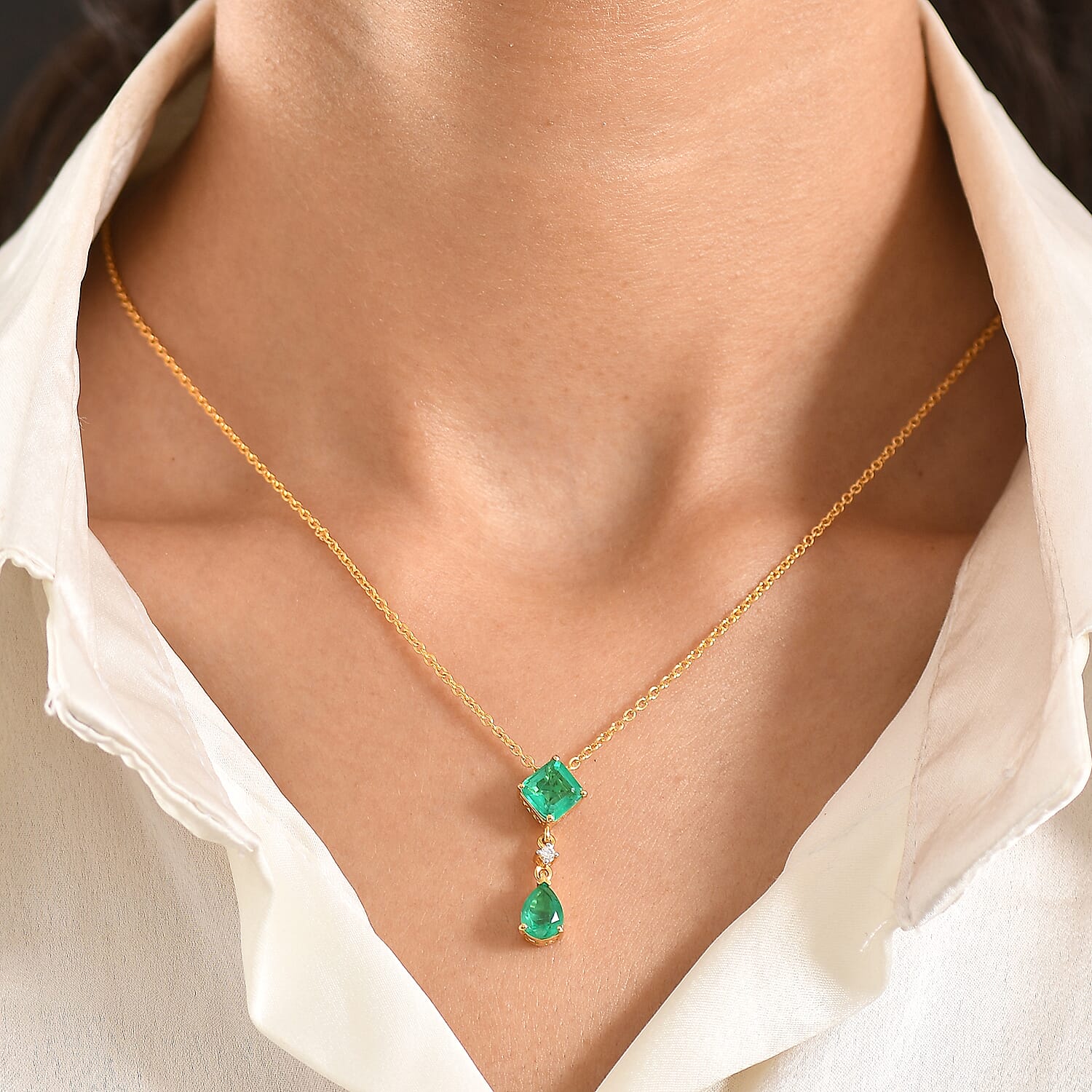 D'Joy Emeraldine Triplet Quartz & White Zircon Pendant with Chain (Size 20) in Yellow Gold Tone 3.20 Ct.