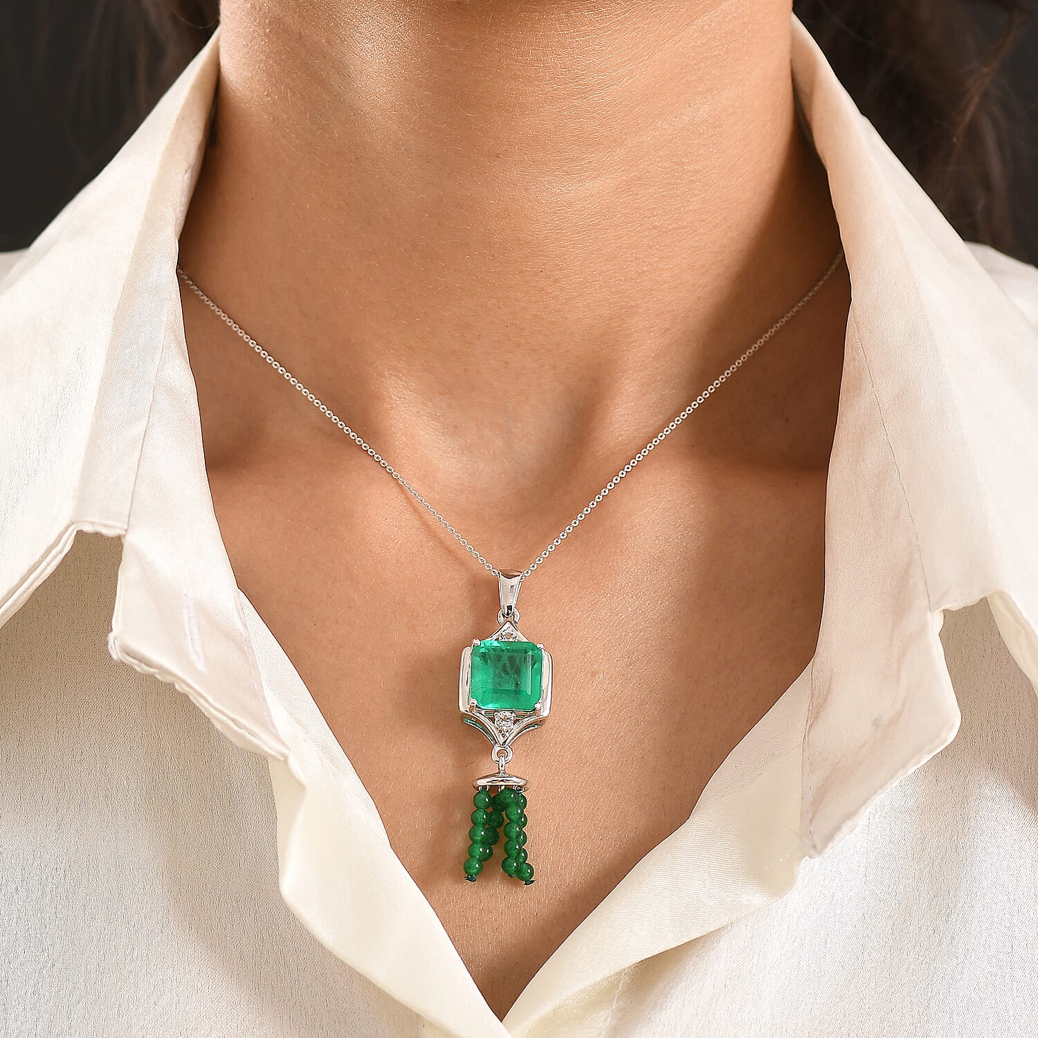 D'Joy Emeraldine Triplet Quartz, Green Quartz & White Topaz Pendant with Chain (Size 20) in Platinum Overlay Sterling Silver 13.82 Ct