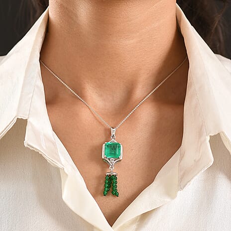 D'Joy Emeraldine Triplet Quartz, Green Quartz & White Topaz  Geometric Drop Pendant with Chain (Size 20) in Platinum Overlay Sterling Silver 13.82 Ct