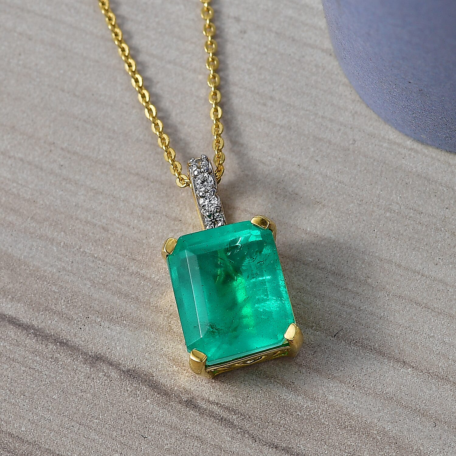 D'Joy Emeraldine Triplet Quartz & White Zircon Pendant with Chain (Size 20) in Yellow Gold Plated Sterling Silver 5.42 Ct.