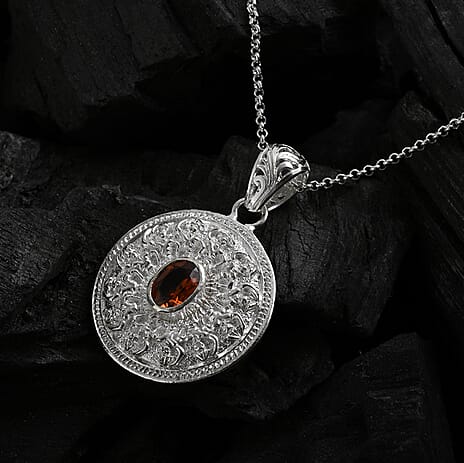 Royal Bali Collection - Kechak Dance Inspired - Hessonite Garnet Sterling Silver Pendant with Chain (Size 20) 1.50 Ct.