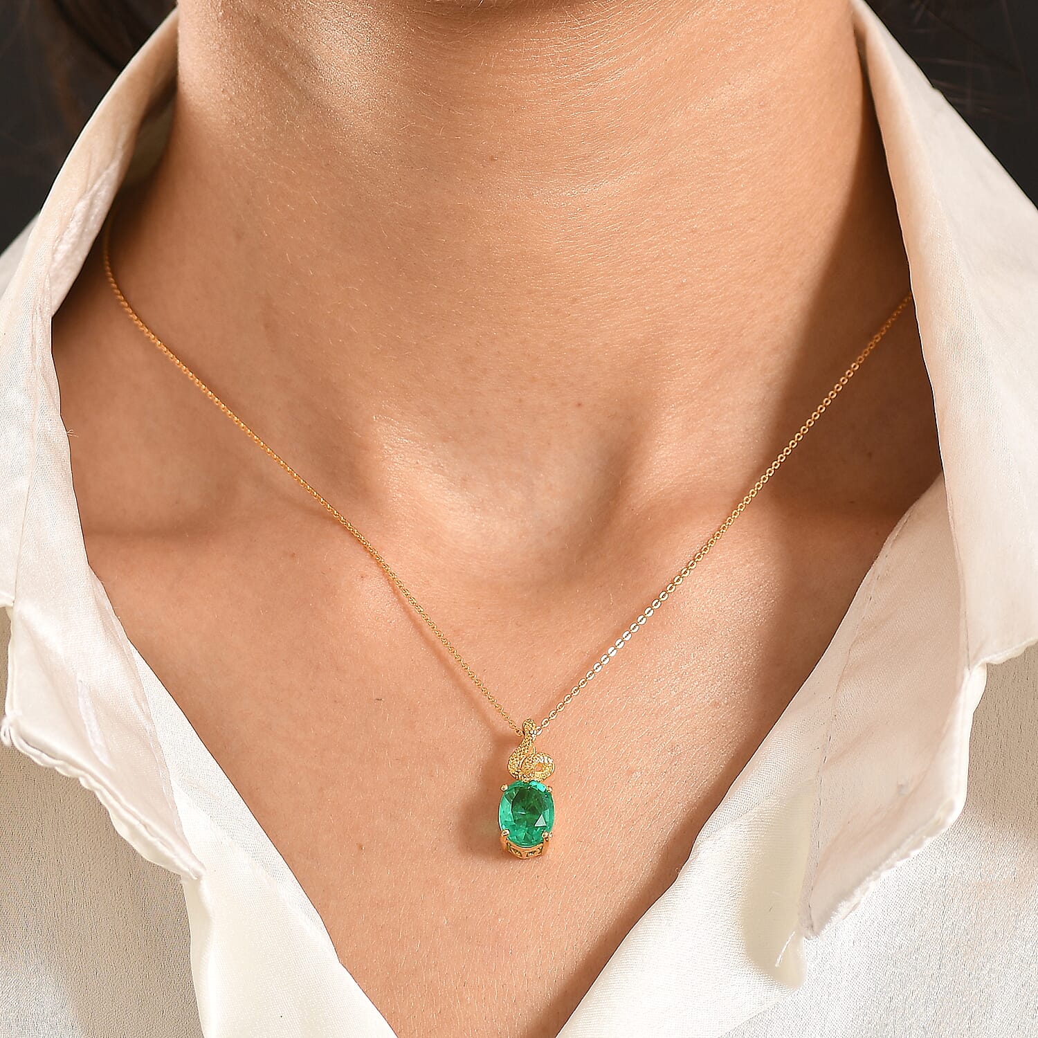 D'Joy Emeraldine Triplet Quartz Oval Cut Pendant with Chain (Size 20) in Yellow Gold Plated Sterling Silver 2.76 Ct.