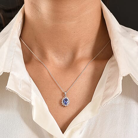 Tanzanite & SI-G-H Lab Grown Diamond Oval Cut Halo Pendant with Chain (Size 20) in Rhodium Overlay Sterling 1.77 Ct.