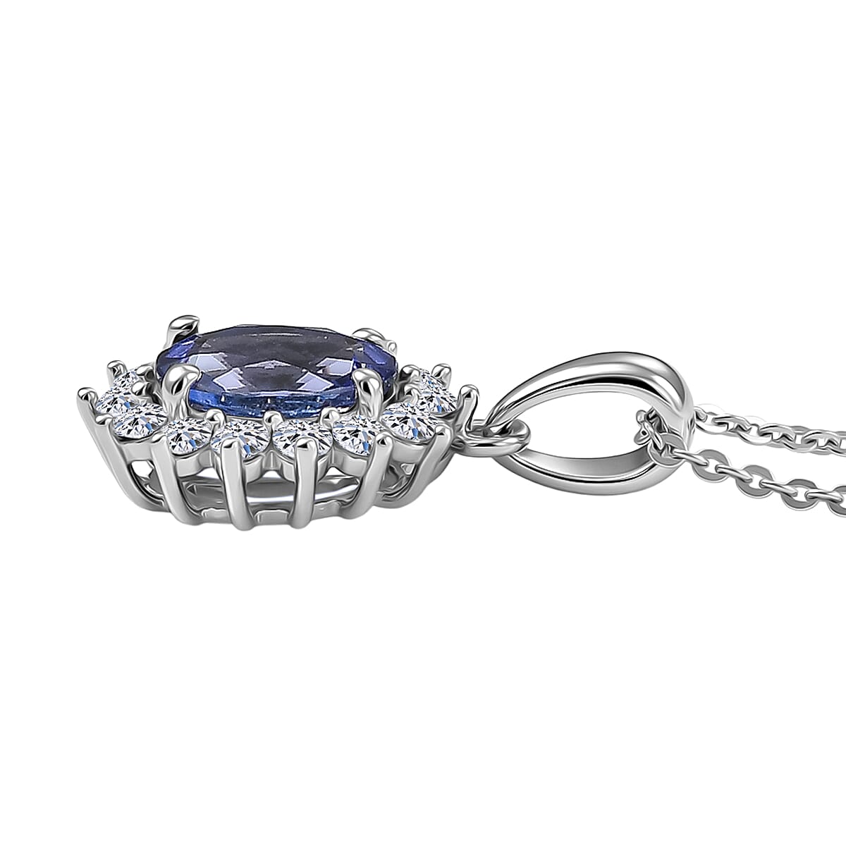 Luxuriant Tanzanite & SI-G-H Lab Grown Diamond Oval Cut Halo Pendant with Chain (Size 20) in Rhodium Overlay Sterling 1.77 Ct.