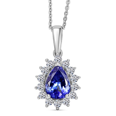 Luxuriant Tanzanite & SI-G-H Lab Grown Diamond Pear Cut Halo Pendant with Chain (Size 20) in Rhodium Overlay Sterling Silver 1.54 Ct.