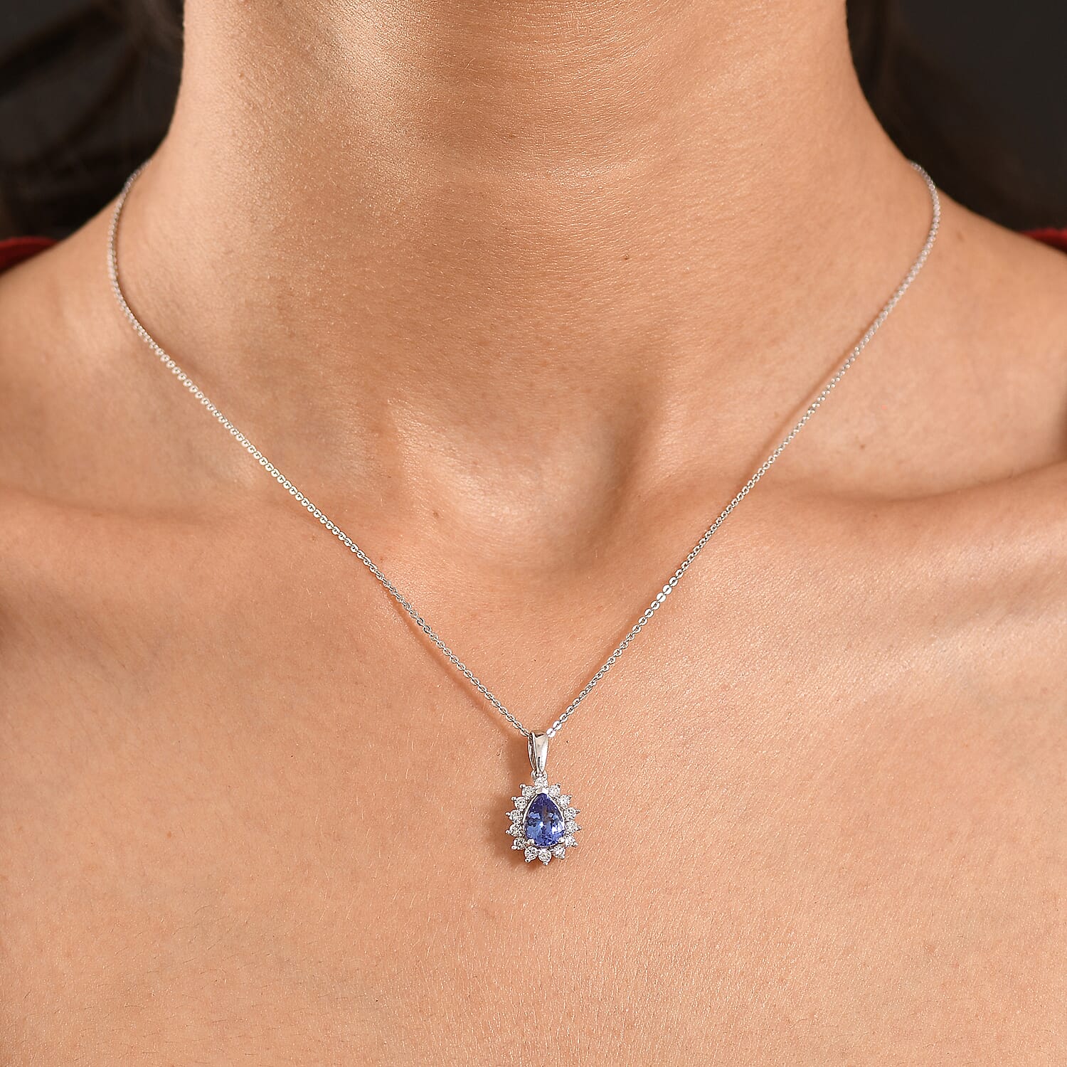 Luxuriant Tanzanite & SI-G-H Lab Grown Diamond Pear Cut Halo Pendant with Chain (Size 20) in Rhodium Overlay Sterling Silver 1.54 Ct.