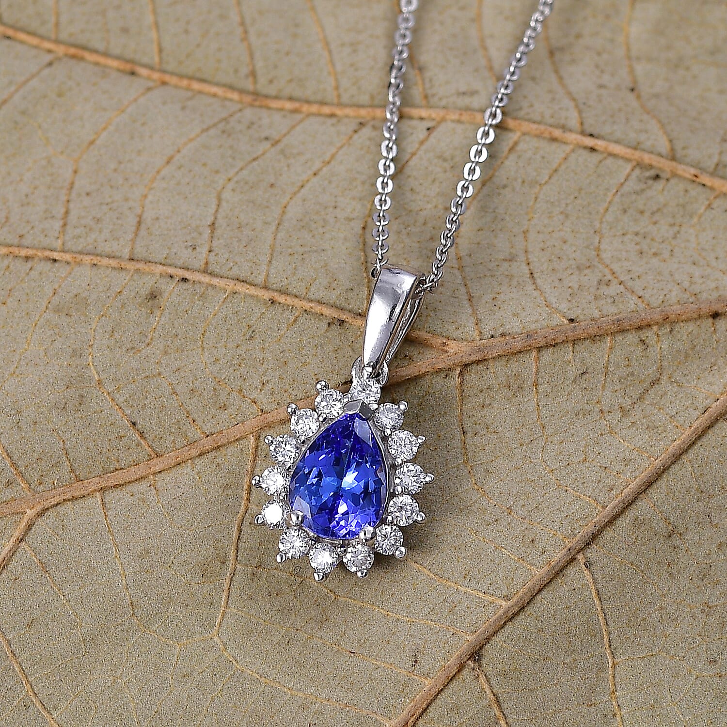 Luxuriant Tanzanite & SI-G-H Lab Grown Diamond Pear Cut Halo Pendant with Chain (Size 20) in Rhodium Overlay Sterling Silver 1.54 Ct.